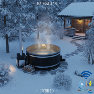 Vintertid ställ elvärmaren på 10°C och elda snabbt upp med ved när det är dags att bada. Elda snabbt upp till 38°C vrid upp eltermostaten och håll elvarmt över helgen, sen när det är färdigbadat sänk till 10°C. Reningsverk med UV-ljus. Ha samma vatten sommar som vinter. Ingen frysrisk på vintern.