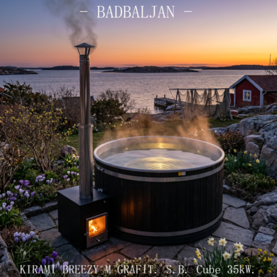 Badtunna Breezy M Cube 35 kw från Kirami är en gedigen och bekväm badtunna som är isolerad och monterad vid leverans. Denna badtunna kommer ge många års härliga varma bad och är större än man tror. Med sin diameter på 170 cm rymmer den gott 4-6 st vuxna personer. Den externa vedkaminen ger fullt badutrymme i hela badtunnan och värmer snabbt och bekvämt upp vattnet normalt på dryga 1,5 till 2,5 timmar beroende på årstid.