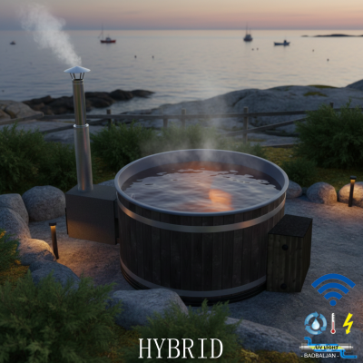 Hybrid badtunna med wifi styrning –Spar el, vatten, ved och tid! Härligt varma bad när du vill året runt. Vintertid ställ elvärmaren på 10°C och elda snabbt upp med ved när det är dags att bada. Elda snabbt upp till 38°C vrid upp eltermostaten och håll elvarmt över helgen, sen när det är färdigbadat sänk till 10°C. Reningsverk med UV-ljus. Ha samma vatten sommar som vinter. Ingen frysrisk på vintern.
