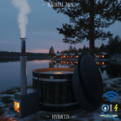 Hybrid badtunna med wifi styrning –Spar el, vatten, ved och tid! Härligt varma bad när du vill året runt. Vintertid ställ elvärmaren på 10°C och elda snabbt upp med ved när det är dags att bada. Elda snabbt upp till 38°C vrid upp eltermostaten och håll elvarmt över helgen, sen när det är färdigbadat sänk till 10°C. Reningsverk med UV-ljus. Ha samma vatten sommar som vinter. Ingen frysrisk på vintern.