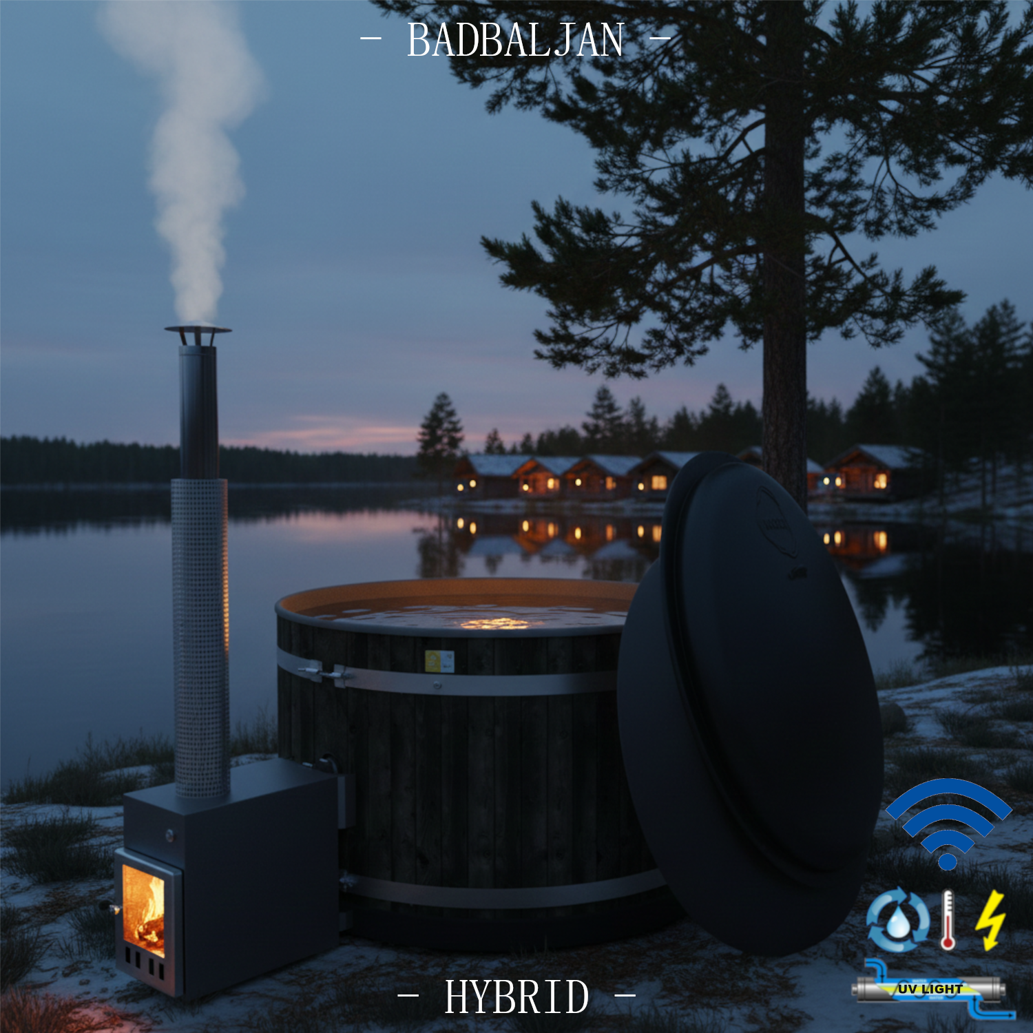 Badbaljan Hybrid badtunna ved- & eluppvärmd Kirami Breezy M Hybrid badtunna med wifi styrning –Spar el, vatten, ved och tid! Härligt varma bad när du vill året runt. Vintertid ställ elvärmaren på 10°C och elda snabbt upp med ved när det är dags att bada. Elda snabbt upp till 38°C vrid upp eltermostaten och håll elvarmt över helgen, sen när det är färdigbadat sänk till 10°C. Reningsverk med UV-ljus. Ha samma vatten sommar som vinter. Ingen frysrisk på vintern.