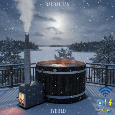Hybrid badtunna med wifi styrning –Spar el, vatten, ved och tid! Härligt varma bad när du vill året runt. Vintertid ställ elvärmaren på 10°C och elda snabbt upp med ved när det är dags att bada. Elda snabbt upp till 38°C vrid upp eltermostaten och håll elvarmt över helgen, sen när det är färdigbadat sänk till 10°C. Reningsverk med UV-ljus. Ha samma vatten sommar som vinter. Ingen frysrisk på vintern.