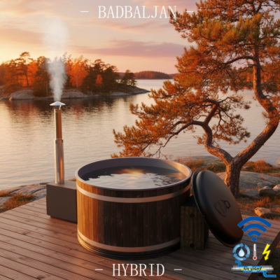 Hybrid badtunna med wifi styrning –Spar el, vatten, ved och tid! Härligt varma bad när du vill året runt. Vintertid ställ elvärmaren på 10°C och elda snabbt upp med ved när det är dags att bada. Elda snabbt upp till 38°C vrid upp eltermostaten och håll elvarmt över helgen, sen när det är färdigbadat sänk till 10°C. Reningsverk med UV-ljus. Ha samma vatten sommar som vinter. Ingen frysrisk på vintern.