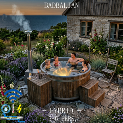 Vintertid ställ elvärmaren på 10°C och elda snabbt upp med ved när det är dags att bada. Elda snabbt upp till 38°C vrid upp eltermostaten och håll elvarmt över helgen, sen när det är färdigbadat sänk till 10°C. Reningsverk med UV-ljus. Ha samma vatten sommar som vinter. Ingen frysrisk på vintern.