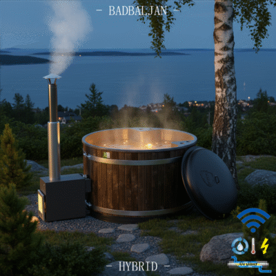Badbaljan Hybrid badtunna med wifi styrning Spar el, vatten, ved och tid! Härligt varma bad när du vill året runt. Vintertid ställ elvärmaren på 10°C och elda snabbt upp med ved när det är dags att bada. Elda snabbt upp till 38°C vrid upp eltermostaten och håll elvarmt över helgen, sen när det är färdigbadat sänk till 10°C. Reningsverk med UV-ljus. Ha samma vatten sommar som vinter. Ingen frysrisk på vintern.