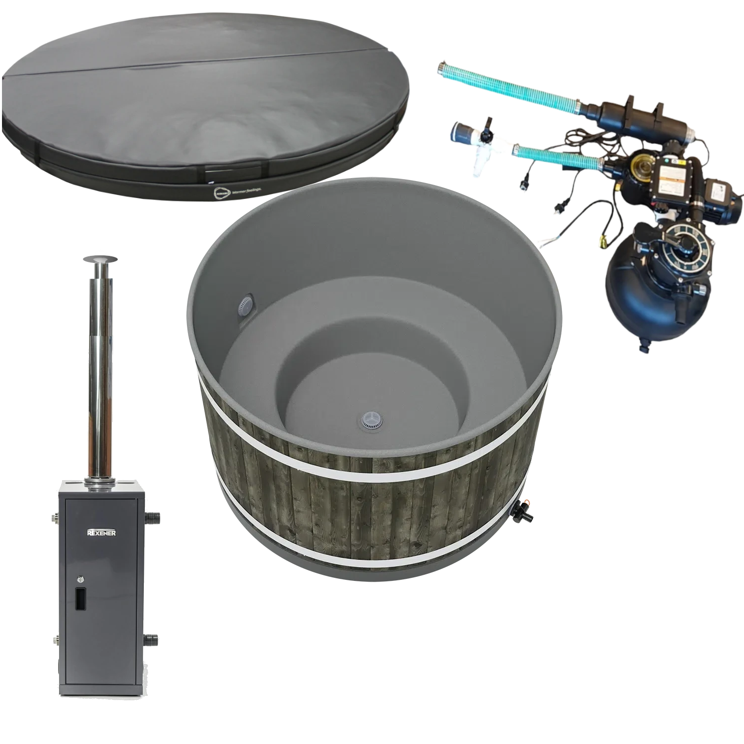 Breezy Rexener Hybrid badtunna Komplett isolerad Kirami badtunna med Rexener PR200 BioHeater, dieselvärmare 20 kW, skorsten och bränsletank • Inklusive effektivt reningssystem med extra UV-ljus rening samt backUp elvärmare på 2 kW och isolerat vikbart lock. • Värm snabbt upp badtunnan med BioHeater och håll den badvarm! • Eller ställ ner termostaten och håll den frostskyddad mellan baden och värm upp den inför bad med BioHeater.