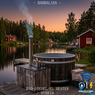 Komplett isolerad Kirami badtunna med Rexener PR200 BioHeater, dieselvärmare 20 kW, skorsten och bränsletank • Inklusive effektivt reningssystem med extra UV-ljus rening samt backUp elvärmare på 2 kW och isolerat vikbart lock. • Värm snabbt upp badtunnan med BioHeater och håll den badvarm! • Eller ställ ner termostaten och håll den frostskyddad mellan baden och värm upp den inför bad med BioHeater.